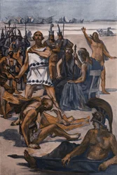 Thersite hits av Ulysses. Illustration av Clement Gontier (1876-1918) för Homeres "Iliaden" (Omero). Paris, Henri Laurens
