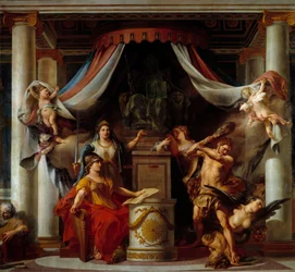 Allegori om revolutionen: i mitten överlämnar Minerve Hercules hemligheten som avskaffar lasterna från den gamla regimen Målning av Clement Belle (1722-1806) 1794 Sön. 3,56x3,86 m