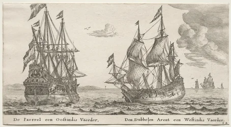Olika fartyg och utsikter över Amsterdam (Verscheÿde Schepen en Gesichten van Amstelredam), del II: Pärlan och ostindiefararen, Dubbelörnen, en västindiefarare