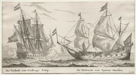 Olika fartyg och utsikter över Amsterdam (Verscheÿde Schepen en Gesichten van Amstelredam), del II: Friheten, en krigsman. Varghunden, ett spanskt fartyg