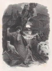 Natt, vinjett av flicka i 1700-talskostym som plockar rosor på tergo, ca. 1830-65.
