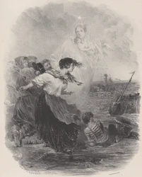Kvinna vid havet med madonnan, pekar på ett skepp, ca. 1848-62.