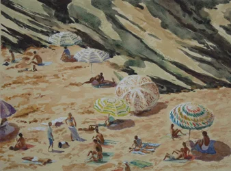 Strand, klippor och parasoller
