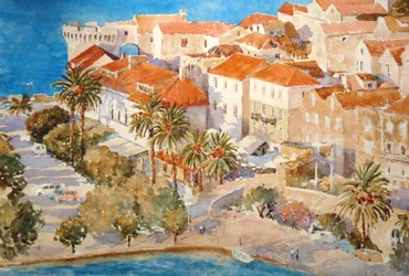 Solnedgång, Korçulas hamn, 2011 (akvarell)