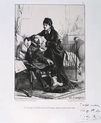 Fransk-tyska kriget 1870-1871: En sårad soldat vårdas och får näring. Ur en serie litografier av Clément-Auguste Andrieux om nationalgardena.