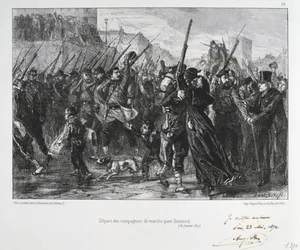 Fransk-tyska kriget 1870-1871: Slaget vid Buzenval (Mont Valérien) nära Versailles, 19 januari 1871. Nationalgardet marscherar mot slaget och nederlaget. Ur en serie litografier av Clément-Auguste Andrieux om nationalgardena.