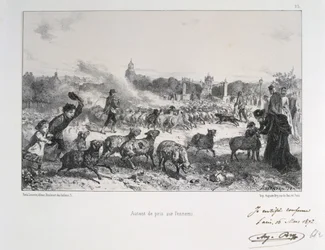 Fransk-tyska kriget 1870-1871: En fårflock drivs bort för att hindra den från att falla i preussarnas händer. Ur en serie litografier av Clément-Auguste Andrieux om nationalgardena.