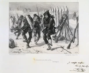 Fransk-tyska kriget 1870-1871. Belägringen av Paris 19 sept. 1870-28 jan. 1871. Soldater på vallarna hoppar omkring för att hålla värmen. Ur en serie litografier av Clément-Auguste Andrieux om nationalgardena.