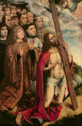 Kristus medlaren med Filip den stilige (1478-1506) och hans följe, vänster panel från en altartavla (se även 223221)