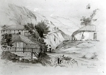 Bergers hus, Valparaiso, 1834 (penna och wc på papper) (bw foto)