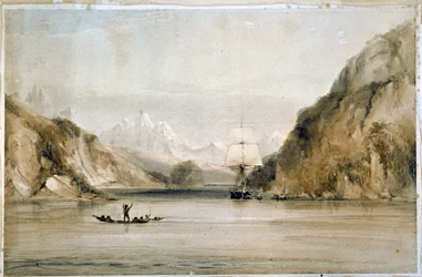Hms Beagle på sjövägarna i Eldslandet (akvarell)