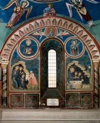 Olika episoder av Saint Benedict of Nursies liv: till vänster sträcker en kvinna en bit giftbröd till Saint Benoit, till höger tar en korp brödet och räddar Saint Benoit. Fresk av Master Consolo (1200-talet) Nedre kyrkoklostret o