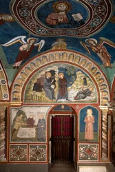 Olika episoder av Saint Benoits liv: i centrum "The miracle of Saint Placide"" Saint Benoit of Nursie, tack vare Saint Maurs ingripande, hans första lärjunge, räddar den unge Placide som fångas i strömmen av en sjö. Nedan är miraklet