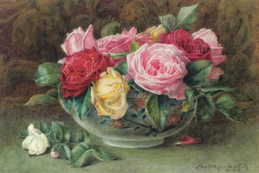 Stilleben med en skål med rosa, gula och röda rosor, 1883