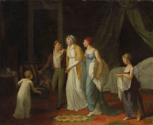 En konvalescent mamma som vårdas av sina barn (olja på duk)