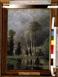Pågående storm. Målning av Constant Troyon (1810-1865). Olja på trä, 53 x 38,5 cm