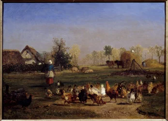 La provende des hens La basse cour (Basse-cour). Målning av Constant Troyon (1810-1865) 1800-talets sön. 0,51x0,7 m - Förfödaren av höns. Gårdsgården. Målning av Constant Troyon (1810-1865)