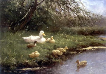 En familj av ankor vid en flod (olja på panel)