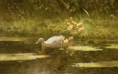 Anka med ankungar på flodstranden (olja på duk)