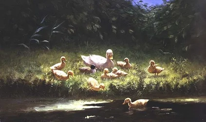 Ankungar vid flodens kant (olja på duk)