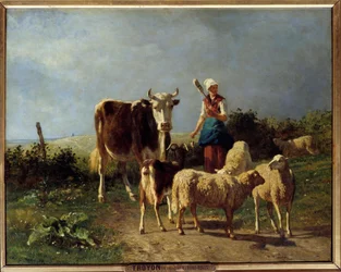 En herde med en ko och får. Målning av Constant Troyon (1810-1865) 1800-talets sön. 0,73x0,92 m