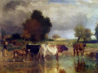 Ko och kalv vid dammen eller vattenhojen, målning av Constant Troyon (1810-1865), 1800-talet, 0,78 x 1,03 m