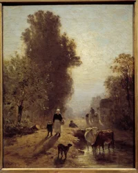 På morgonen Bondefamiljer och betail i gryningens dimma. Målning av Constant Troyon (1810-1865) 1800-talets sön. 0,41x0,32 m