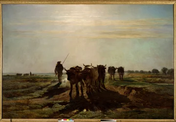 Oxarna på väg till plöjning, morgoneffekt, 1855. Sol. 2,6 x 4 m. Paris, Musée d