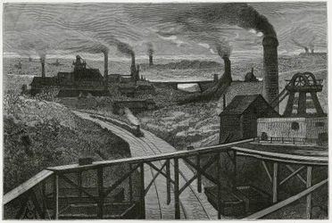 Kolbrytning och terrils (aspekter av contree boraine). Gravyr av Constant Meunier, för att illustrera berättelsen "" Belgien", av Camille Lemonnier (1844-1913) belgisk författare. Publicerad i Le Tour du monde, nouveau journal des voyages, 2:a terminen 188