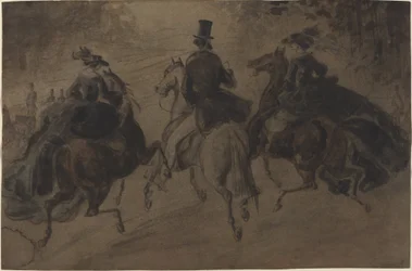 Cavalier och två damer till häst