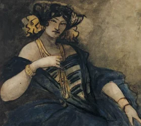 Sittande, elegant klädd kvinna, halvfigur