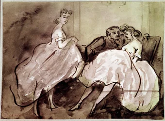 Två prostituerade och en förförelse Scenklient på en bordell. Teckning av Constantin Guys (1805-1892) 1800-talets Paris, Musee Carnavalet