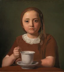 Liten flicka, Elise Købke, med en kopp framför sig, 1850.