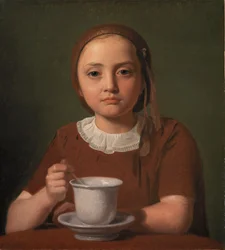 Porträtt av en liten flicka, Elise Købke, med en kopp framför sig, 1850
