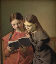 Konstnärens systrar Signe och Henriette läser en bok