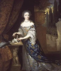 Ett porträtt av en dam med en knähund som sitter på en sockel, c.1690