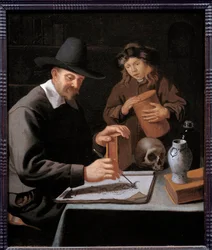 Målaren och hans elev. En lärling observerar sin mästare rita på en anteckningsbok. Målning (Vanite) av Constantin Verhout (eller Voorhout)