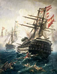 Slaget vid Lissa, utkämpades mellan det österrikisk-ungerska riket och Italien, 1866 (olja på duk)