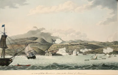 S.W. beskåda av forten Bourbon och Louis på ön Martinique, illustration från "An Account of the Campaign in the West Indies" av pastor Cooper Williams, litografi av S. Allen, pub. London 1796 (ca