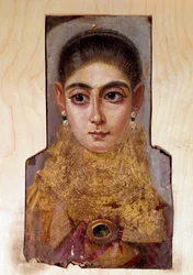 Koptisk konst: ung kvinna kallad Fayoum (Fayum) (omkring 160 e.Kr.). Vaxmålning på trä. Paris, Louvren