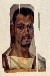 Porträtt av manlig mamma. 3:e århundradet, romersk tid (forntida Egypten) (30 f.Kr.-395 e.Kr.) Från regionen Fayoum (Fayum). Sön 0,41x0,14 m Paris, Louvren