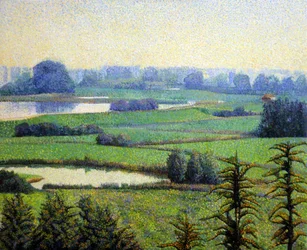 Ett fridfullt landskap i pointillistisk stil