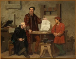 Uppfinningen av boktryckarkonsten eller Gutenberg på jobbet, mitten av 1800-talet..
