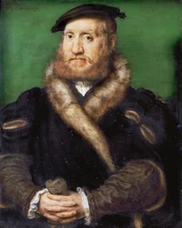 Renässans: Porträtt av en skäggig man med päls av Corneille de Lyon (1500/10-1575)