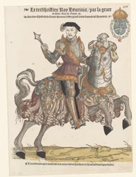 Porträtt av Henrik II av Frankrike i rustning till häst, till höger