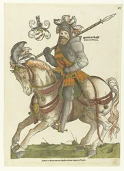 Porträtt av Maarten van Rossum till häst Martin de Rosse Siegneur de Peroyen (titel på objekt)