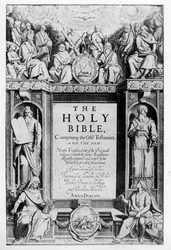 Frontispice till "The Holy Bible", utgiven av Robert Barker, 1611.