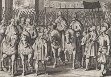Plåt 3: Karl V krönt kejsare som går in i Rom med påven, från Charl...s triumfer, 1614.
