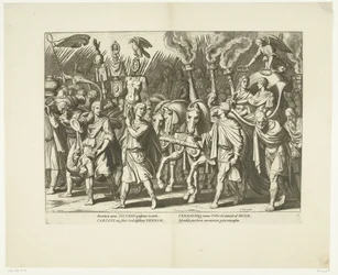 Triomfwagen van Karel V en Ferdinand, na de bevrijding van Wenen van de Turken, ca. 1532, nr. 7 Scener uit het leven van Karel V (serietitel) Kejsar Karl V:s liv i mycket vackra intaglios, ingraverat på mönster av den berömda A. Tempest