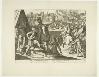 Verovering av Rom, 1527, nr. 2 Scener uit het leven van Karel V (serietitel) Kejsar Karl V:s liv i mycket vackra intaglios, graverade på den berömda A. Tempestes mönster, av två av de skickligaste mästarna J. de Gein & C. Boel. Vid